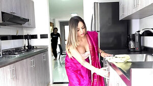 Attractive Desi with dyed hair is banged in the kitchen