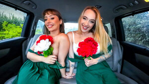 Two naughty girls having a threesome in casting van