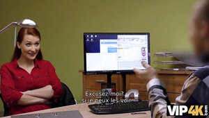 Flaming female is obediently bonked in the office