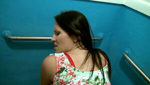 Horny brunette girl is being fucked hard in a public toilet