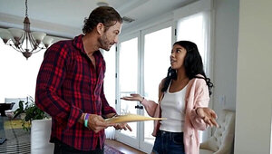 Cute young lady earns a rent discount by her wet holes