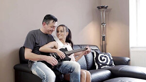Guitar playing older guy gets to fuck a brunette babe