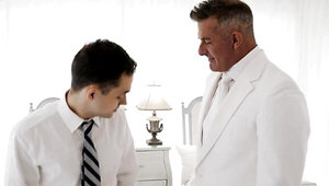 One suited hung DILF barebacks smooth innocent twink