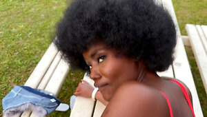 Gorgeous ebony with afro hairstyle fucked on the bench