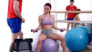 Busty girl with red hair replaces fitness with sex