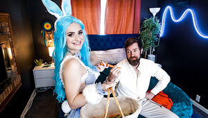 Two horny studs fucking a babe masked as a playboy bunny