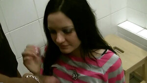 Prostitute from Russia gladly serves two client in the toilet