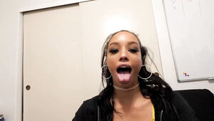 Cute brunette Alexis Tae playing with two stiff dongs
