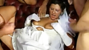 Bride in wedding sundress gets a gang-fuck.