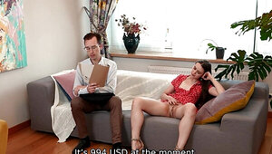 Leggy brunette is happy to put his dick in her mouth