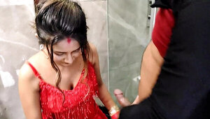 Bathroom blowjob for a big dick by a hot Desi girl
