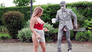 Alessandra Jane checks sexual potential of living statue outdoors