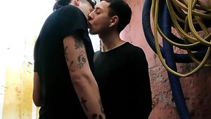 Sniffing underwear in the laundromat before banging