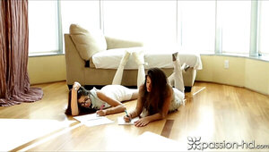 Two sexy girls are fond with stepfather