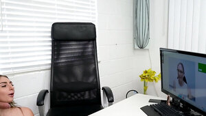 Office love movie with a busty brunette that rides him