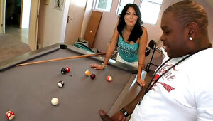 Brunette MILF interrupts pool game to taste huge black cock