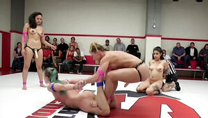 Four dirty lesbians are wrestling naked for the crown