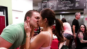 Lovely is nailed in missionary pose on the empty cafe table