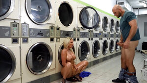Naughty blonde MILF analyzed by bald stranger in public laundry