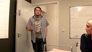 Office girl with a nice body takes his meaty boner HARD