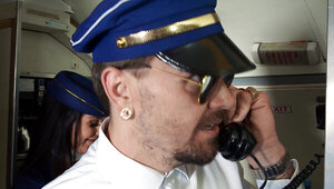 Airplane threesome for a stacked babe and two black dicks