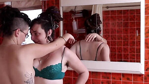 Hairy lezzies fucking in the restroom with intensity