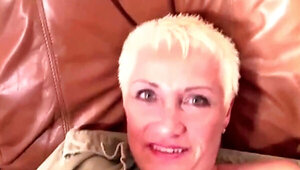 Short hair granny looks almost senile with a dick in POV