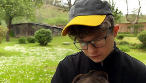 Nerdy guy watches as his girlfriend fucks with another dude