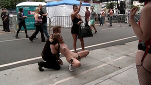 Blonde girl is bound naked and paraded on the street