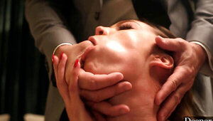 Thick blonde with natural boobs playing in the living room