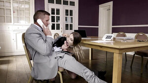 Big-boobied secretary disturbs boss from important phone call