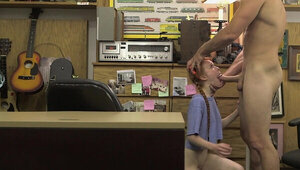 Ginger slut fucked on the desk and soaked in sperm