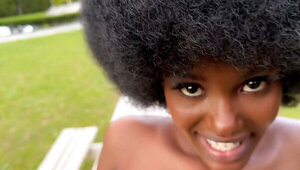 Gorgeous ebony with afro hairstyle fucked on the bench