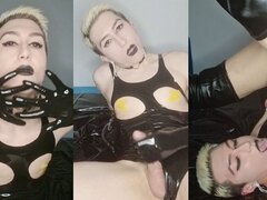 Kinky sissy in shiny latex bodysuit and high boots plays with cock and cums in her mouth