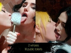 Extreme toilet challenge. Two whores lick 10 public toilets in a cafes