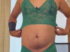 Jessica Stripping and Wearing Green Lingerie with Dildo Vibrator