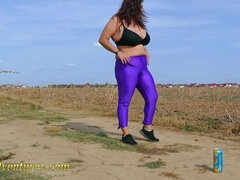 Fat Brunette Pee Her Plum Tights Make a Big Puddle of Pee in the Dust - Fat Girl Pee Next to a Big Car Wheel