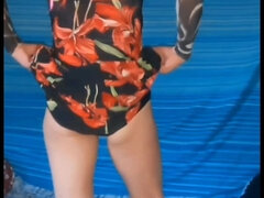 Removing My Long Flower Dress to Reveal My Sexy Black and White Swimsuit