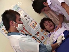 Asian twink student fucked bareback in threesome with doctor until facial