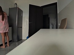 Real betrayal. Wife and husbands friend fuck in the kitchen. Home alone