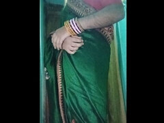 Indian Gay Crossdresser Gaurisissy in Green Saree Pressing Her Big Boobs and Fingering in Her Ass
