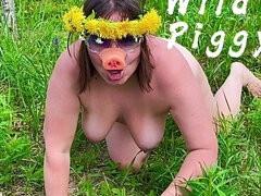 A Naked Pig, Crawling on The Lawn, Grunting, Puts Dandelions in Her Hairy Asshole