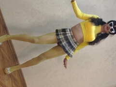 Sissy Ponyboy in Yellow Pantyhose with Tiny Dick Dancing and Showing Her Super Body