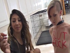 Lezdom goddesses humiliate spank slave