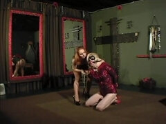 Blonde slave suck and fuck two strap ons