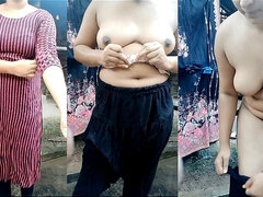 Beautiful Desi Cute Girl's Bath Scene. Showering and Dress Changing in Open Village Bathroom