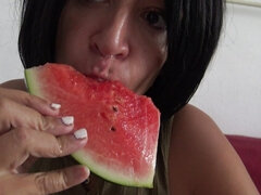 Horny French Beurette with Natural Tits Eatis a Juicy Watermelon