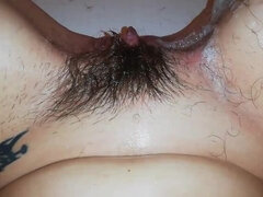 shaving off my extreme hairy big clit cunt in close up