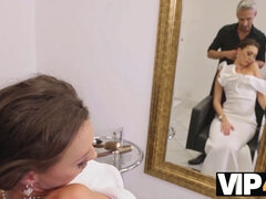 Isabella de Laa, the sexy bride, gets seduced by her hair dresser for a quick fuck in the wedding dress