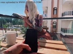 Sexy Blonde Play Pussy Sex Toy in the Public Cafe